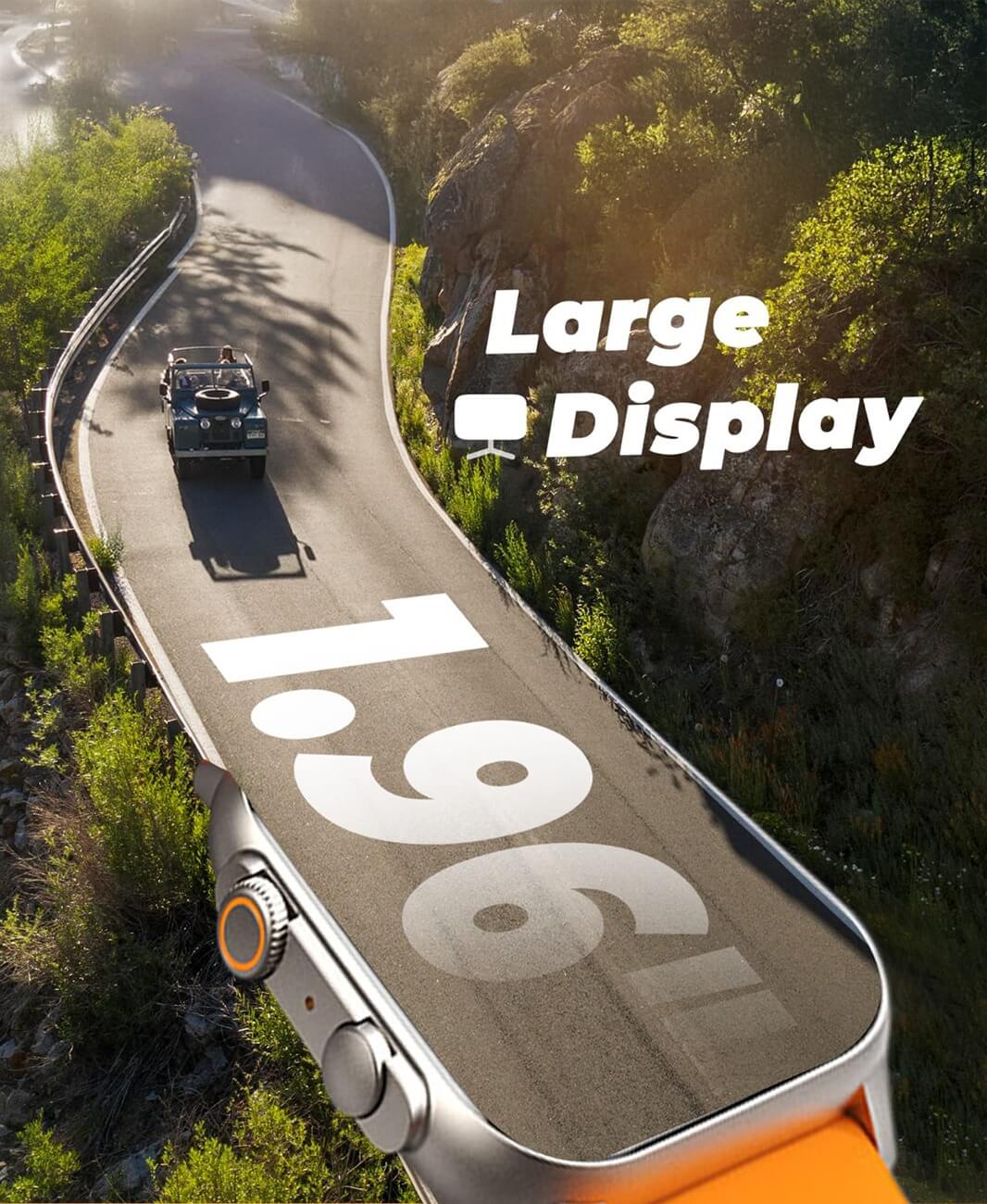 Creative advertisement featuring a large display smartwatch with a modern design.