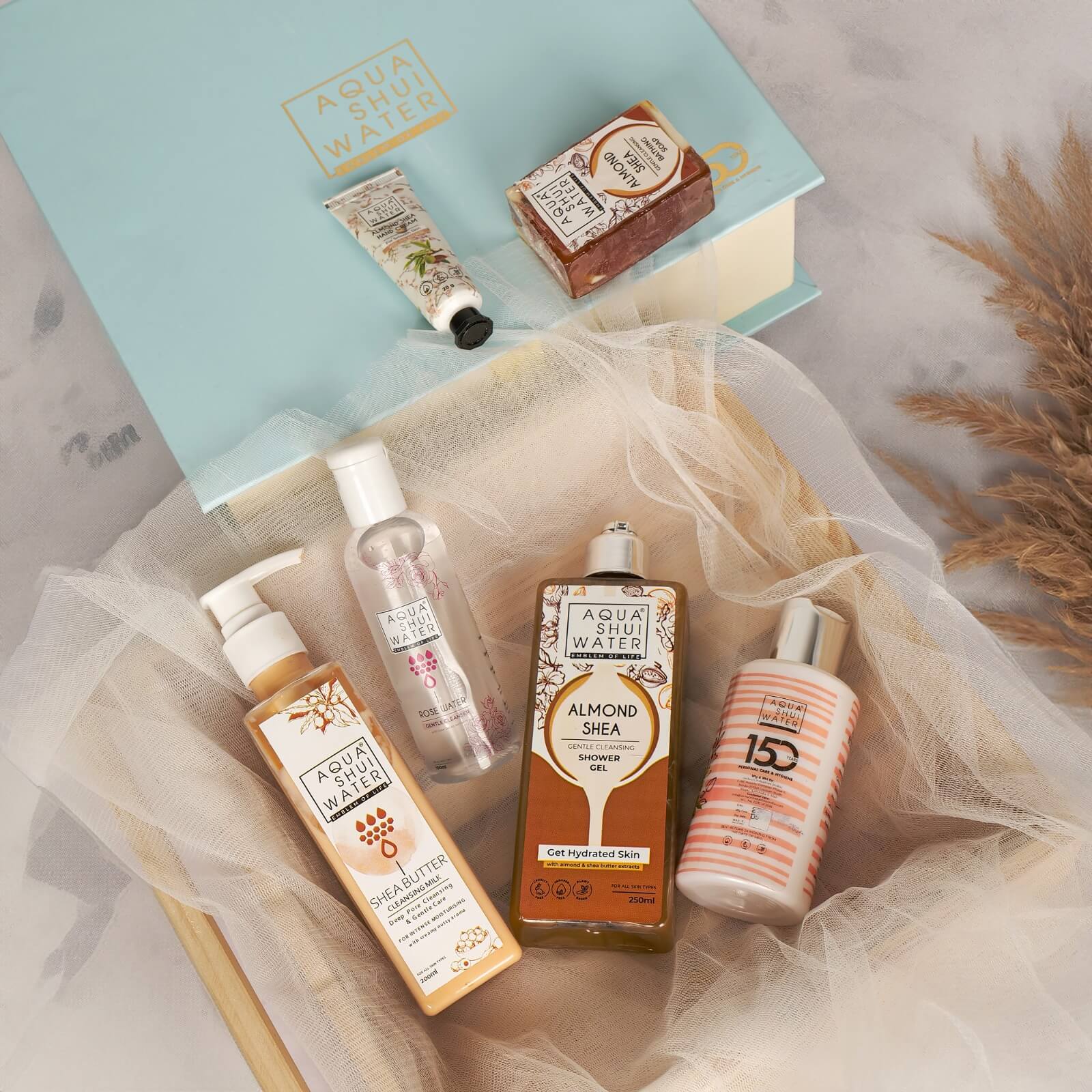 Luxury skincare gift set with natural ingredients, styled in a professional product photoshoot