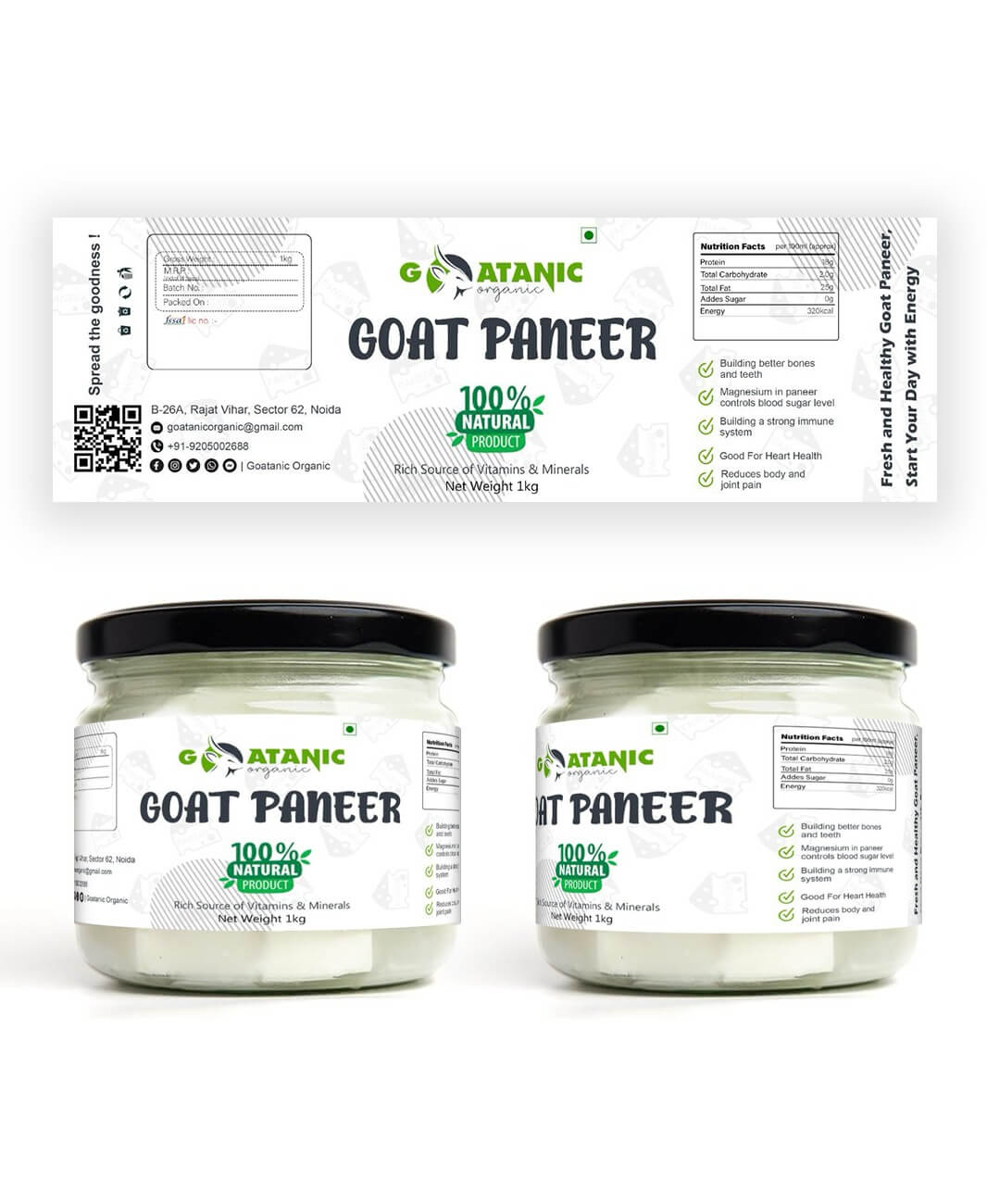 Premium goat paneer label design with bold and attractive packaging.