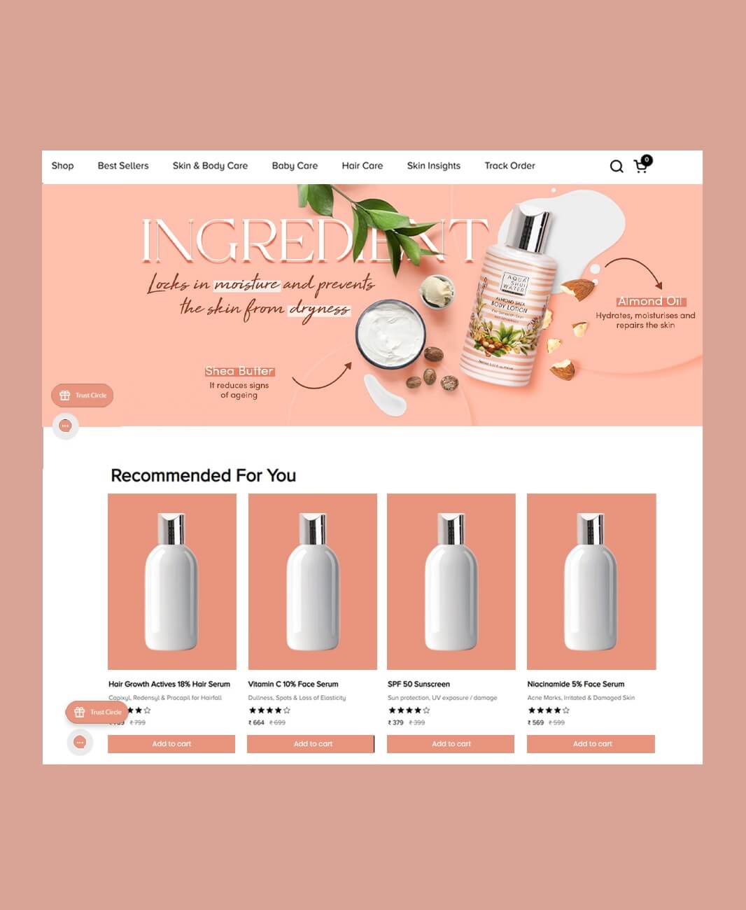 Skincare website banner featuring moisturizing lotion and natural ingredients.